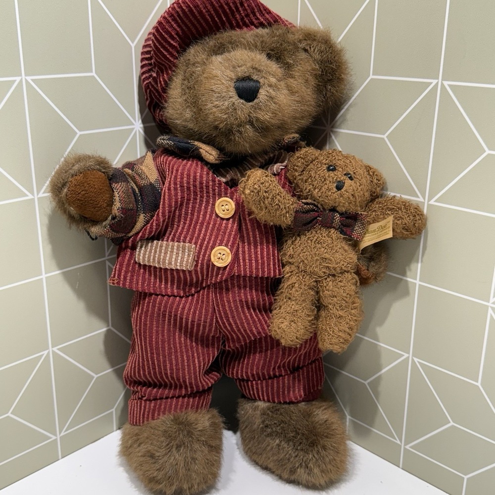 Vintage Dan Dee Stuffed Bear Plush Doll w/ Mini Corduroy Suit Newsboy‎ Hat Plaid